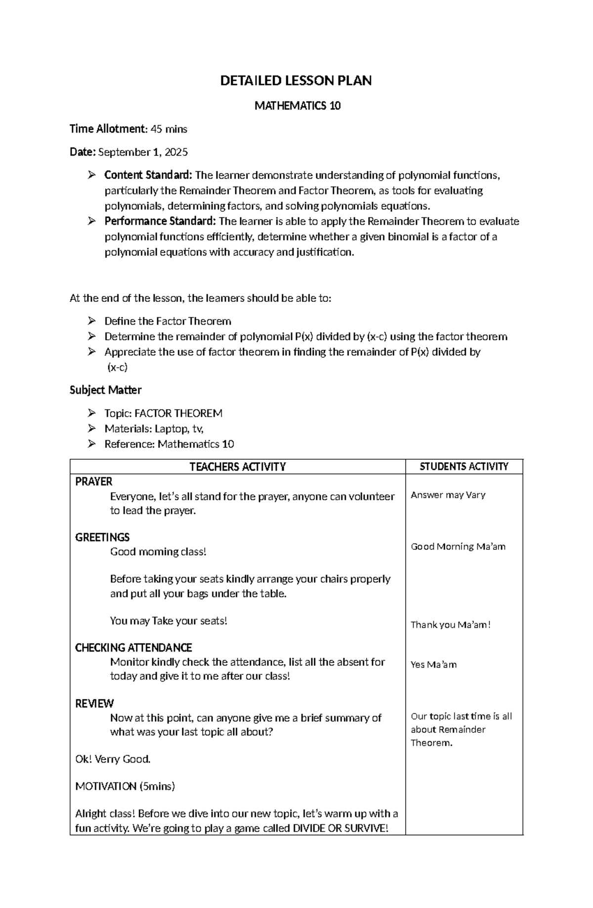 Mathematics 10 Lesson Plan: Understanding the Factor Theorem - Studocu