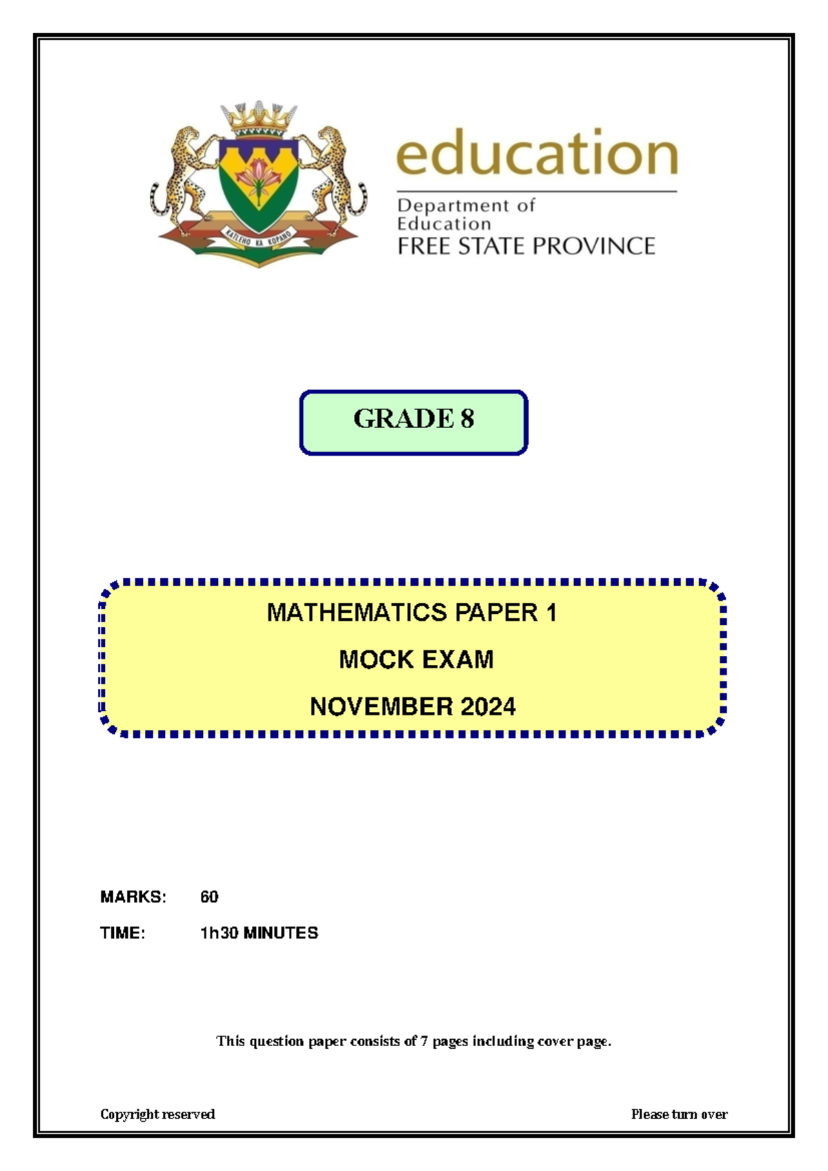 2024 GRADE 8 MATHEMATICS MOCK EXAM PAPER 1 - Studocu