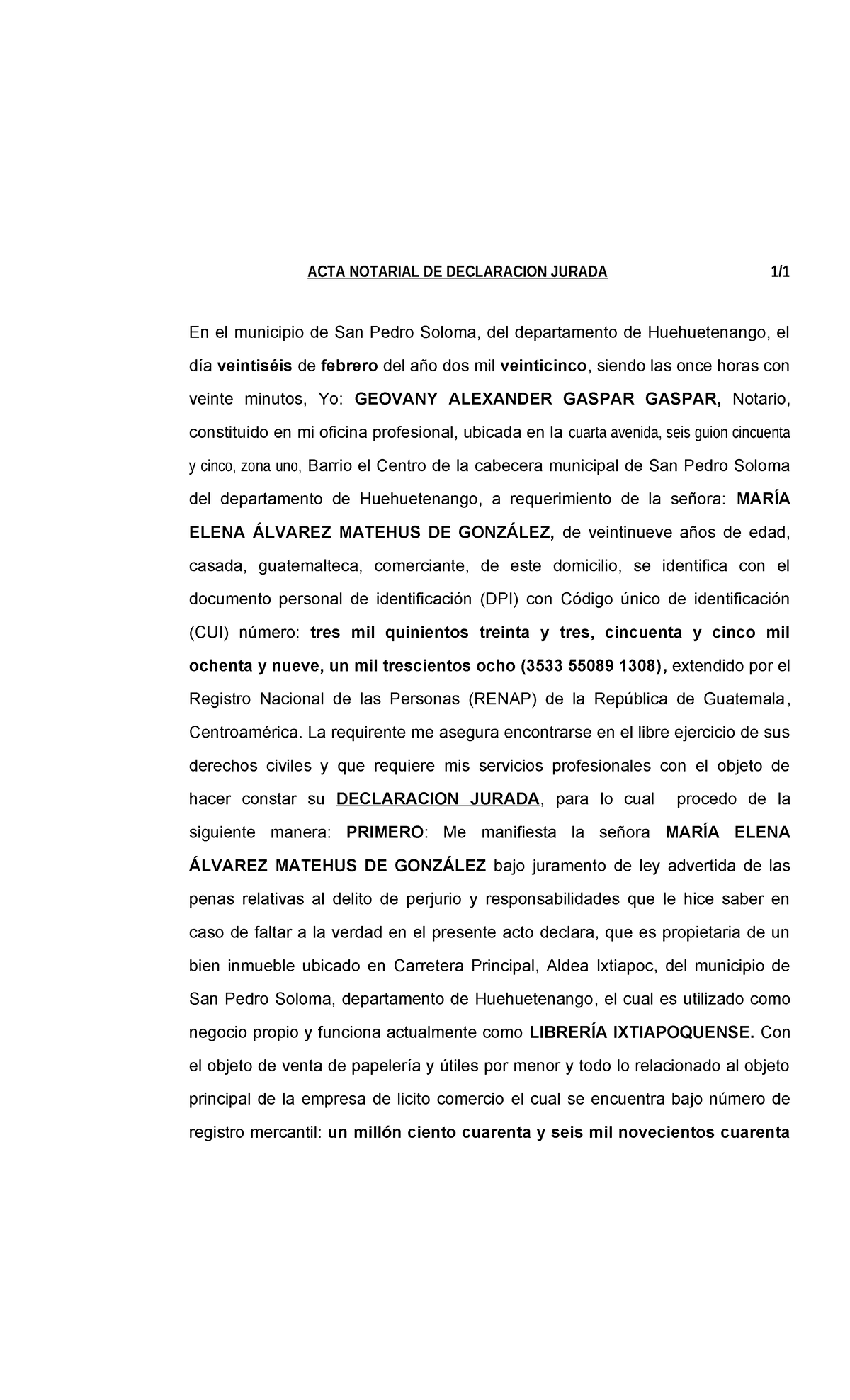 ACTA NOTARIAL DE DECLARACION JURADA PARA PATENTE - María - Studocu