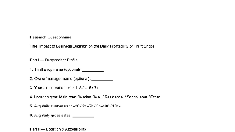 Research Questionnaire: Impact of Location on Thrift Shop Profitability ...