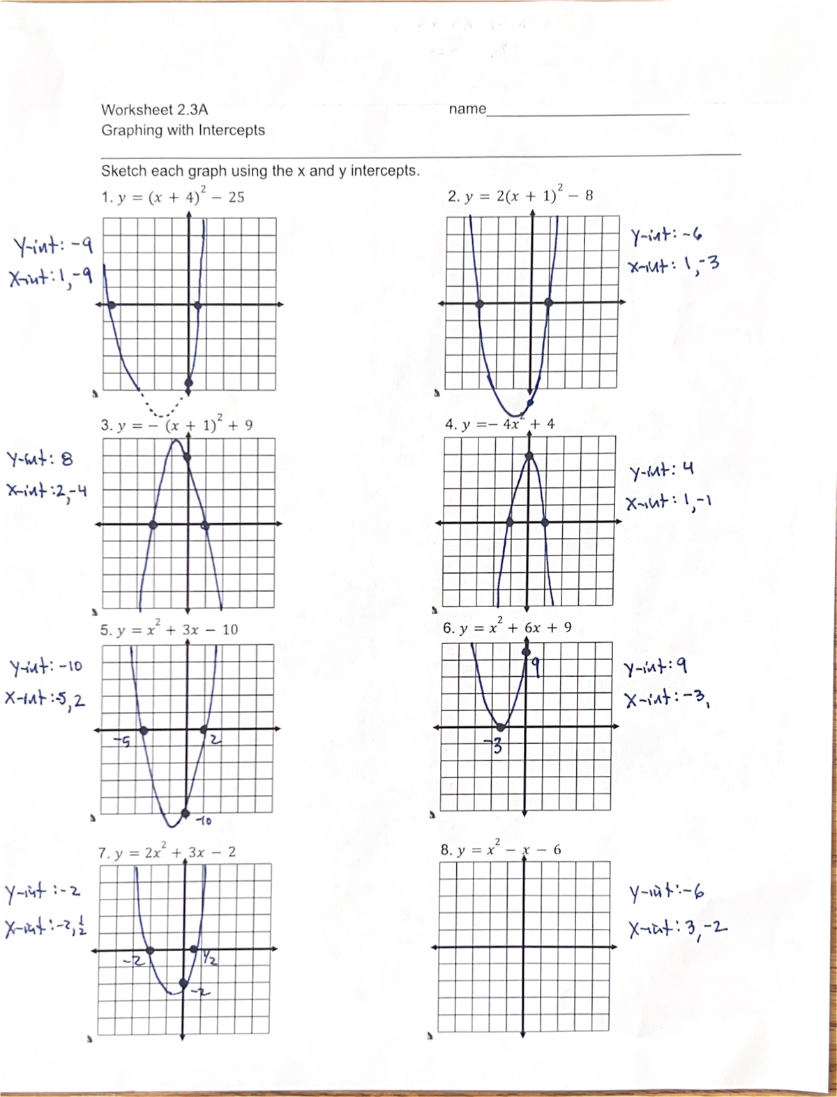Wkst 2.3A solutions - eng - Worksheet 2 name Graphing with Intercepts ...