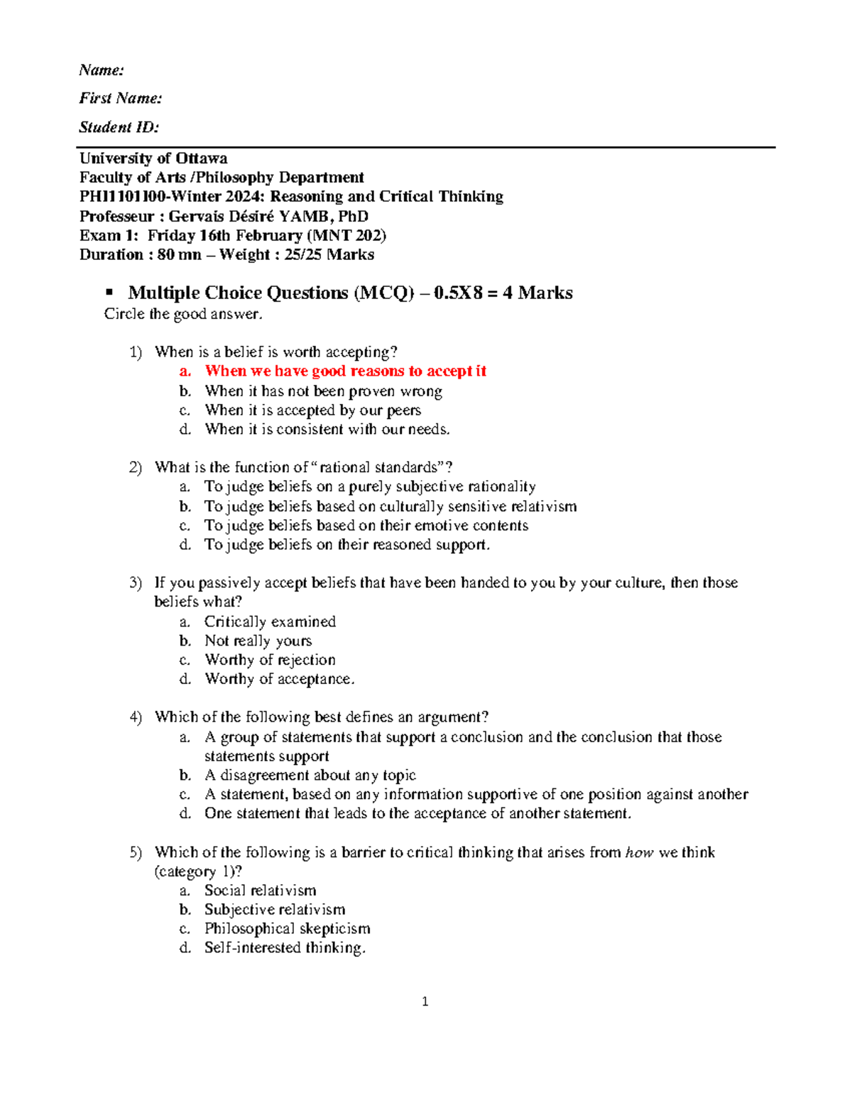 Exam 1 Review - PHI1101I00 - Reasoning and Critical Thinking Guide ...
