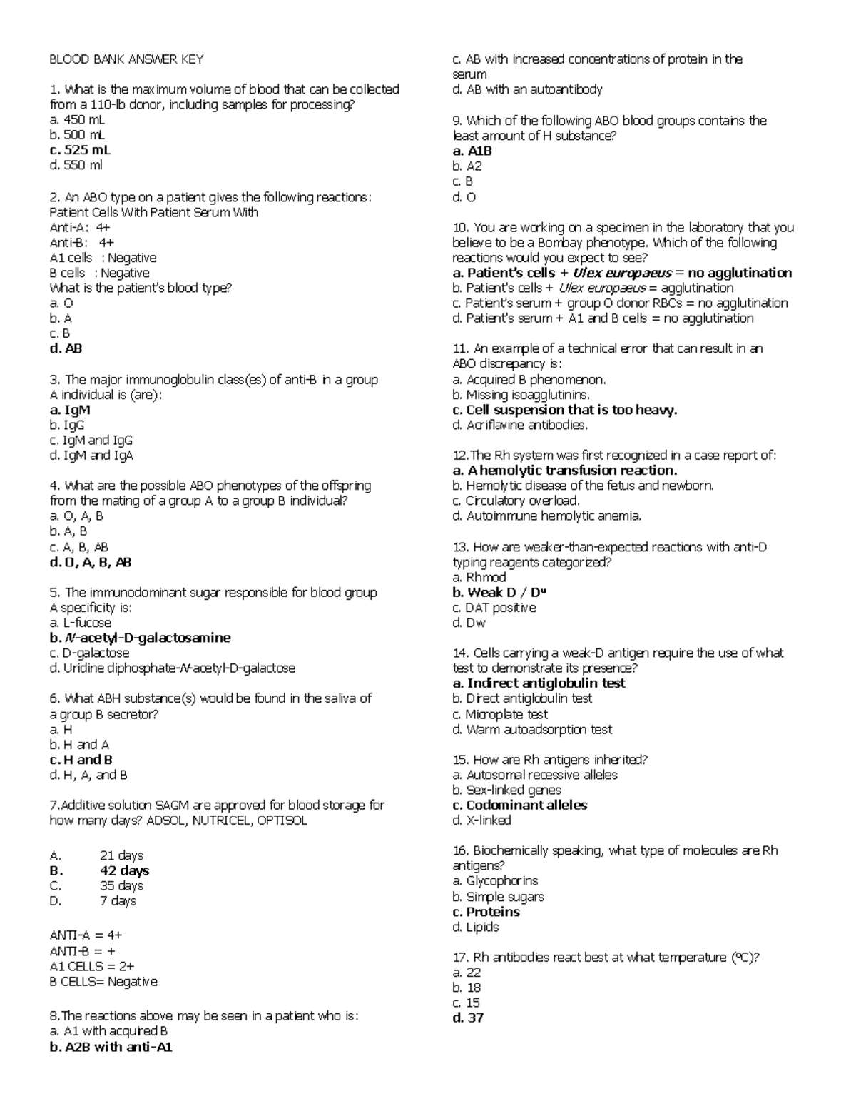 Blood BANK Answer KEY - Notes - BLOOD BANK ANSWER KEY What is the ...