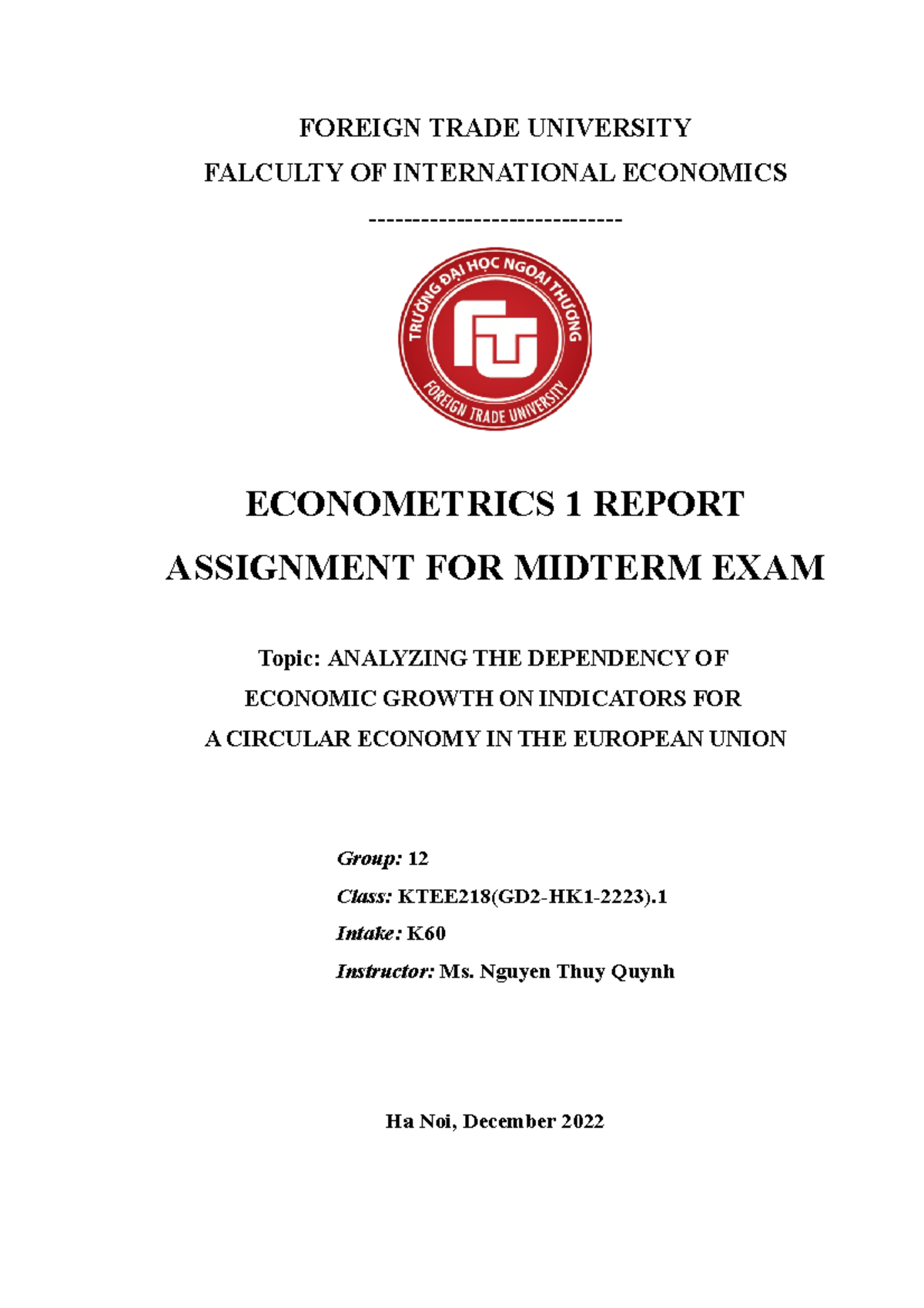 Group 12 Project Report 3 - FOREIGN TRADE UNIVERSITY FALCULTY OF ...
