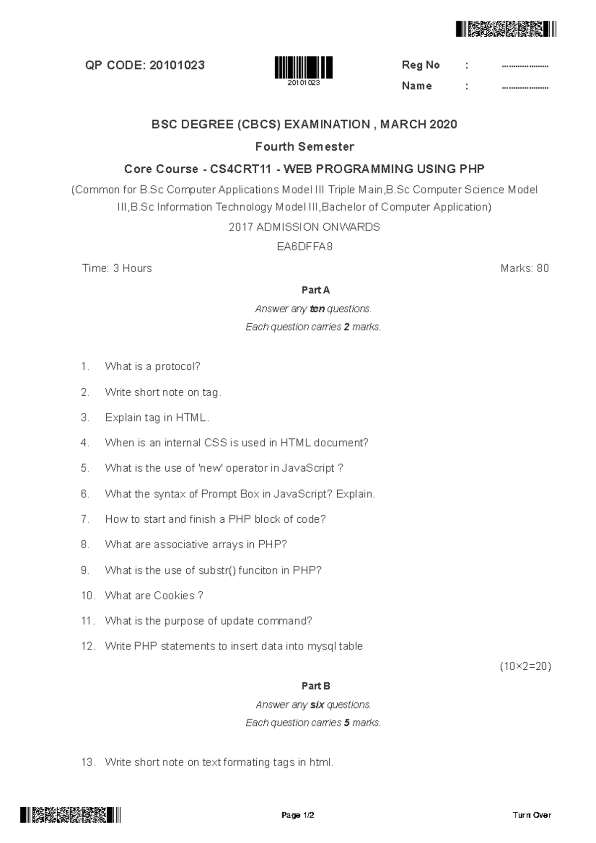 PHP2020 - PHP previous year question paper 2020 MG university - QP CODE ...