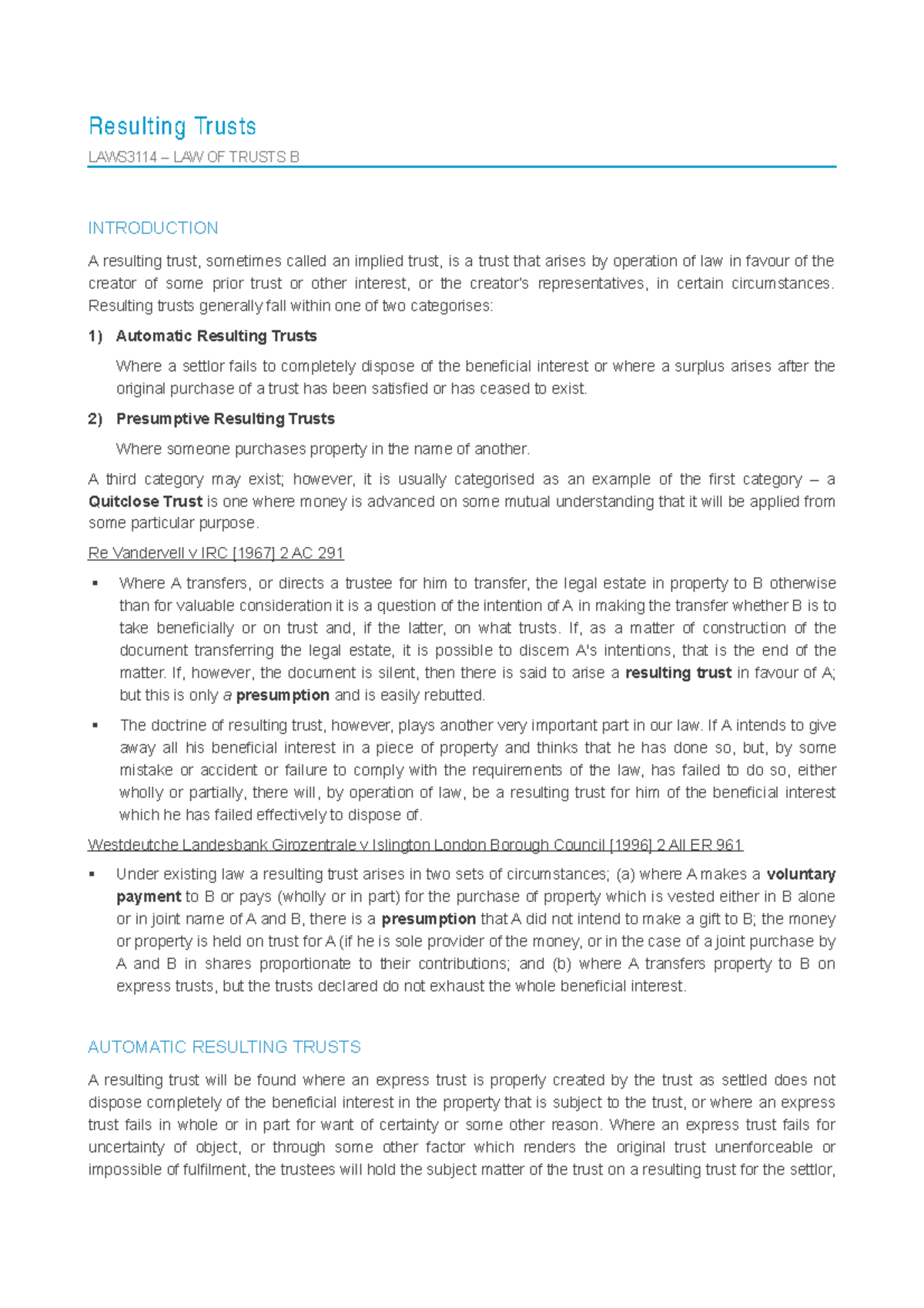 LAWS3114 Lecture Notes: Resulting Trusts Overview and Key Cases - Studocu