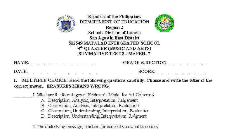 4th Quarter Music and Arts Summative Test 2 (Grade 7) - Studocu