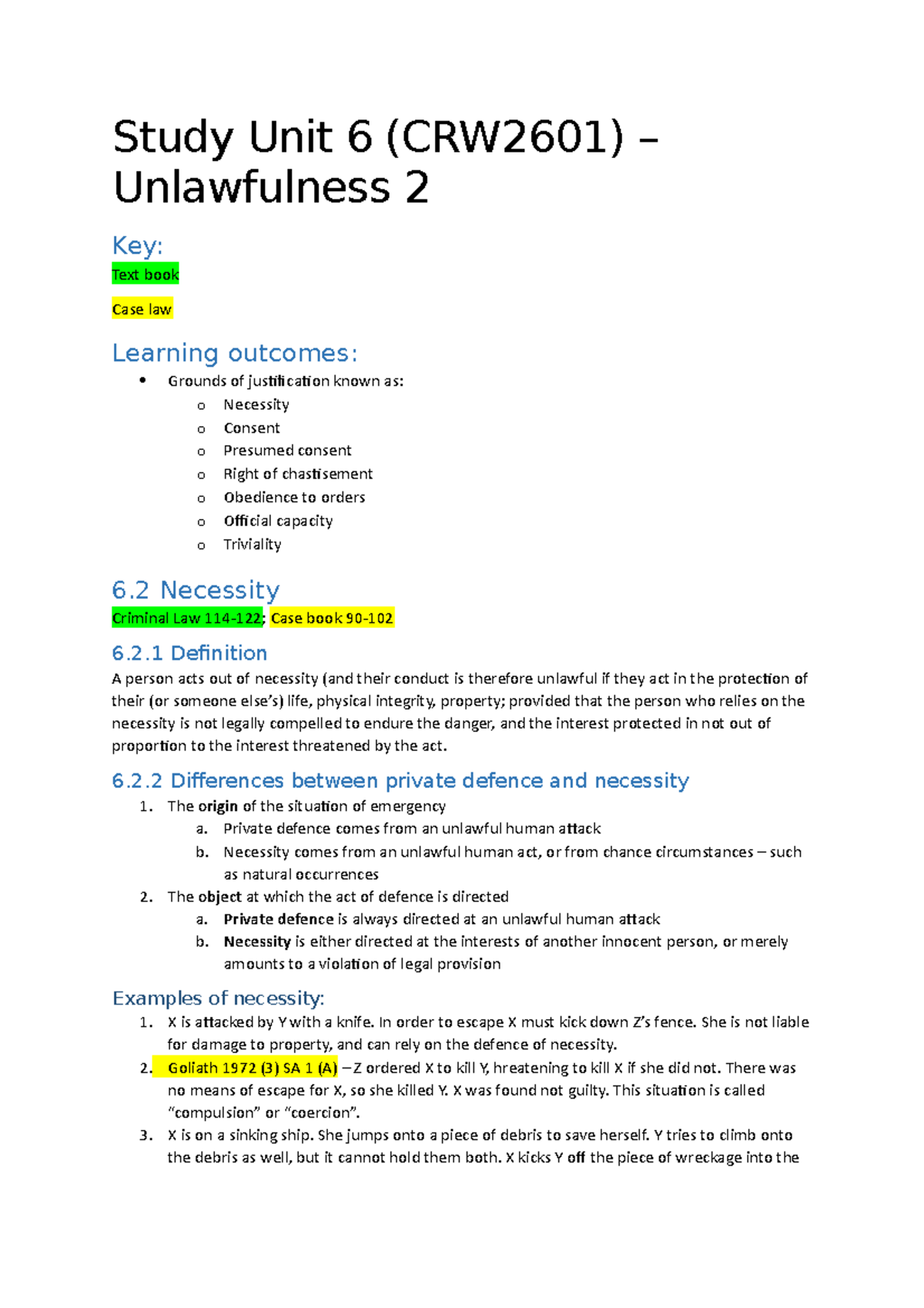CRW2601 Study Unit 6: Understanding Unlawfulness II Concepts - Studocu