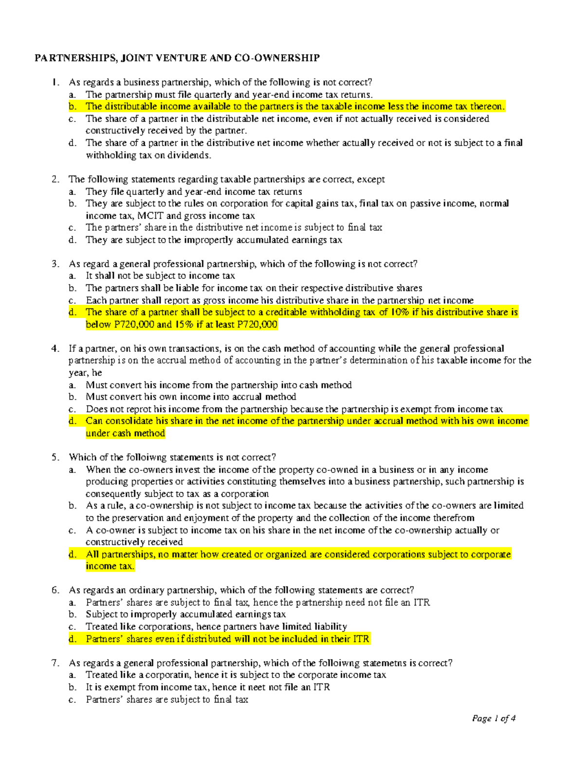 MCQ: Income Tax on Partnerships and Co-Ownerships - Document Preview