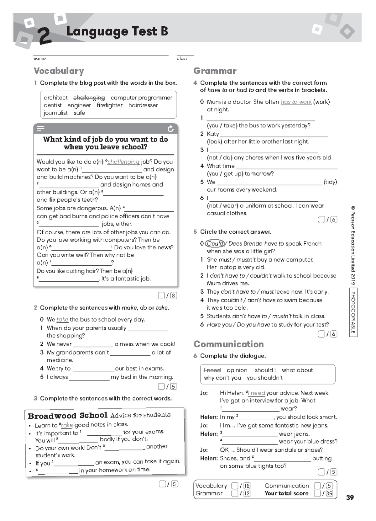 Language Test 2B: Vocabulary and Grammar Exercises - Studocu