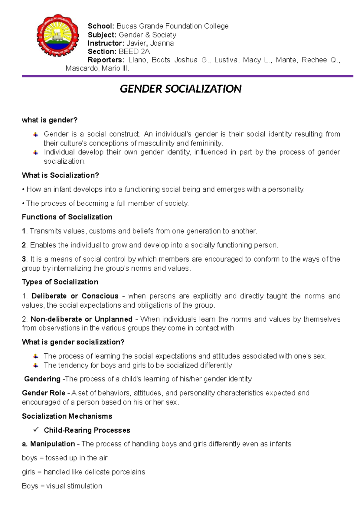 BEED 2A Gender Socialization Report: Understanding Social Constructs ...
