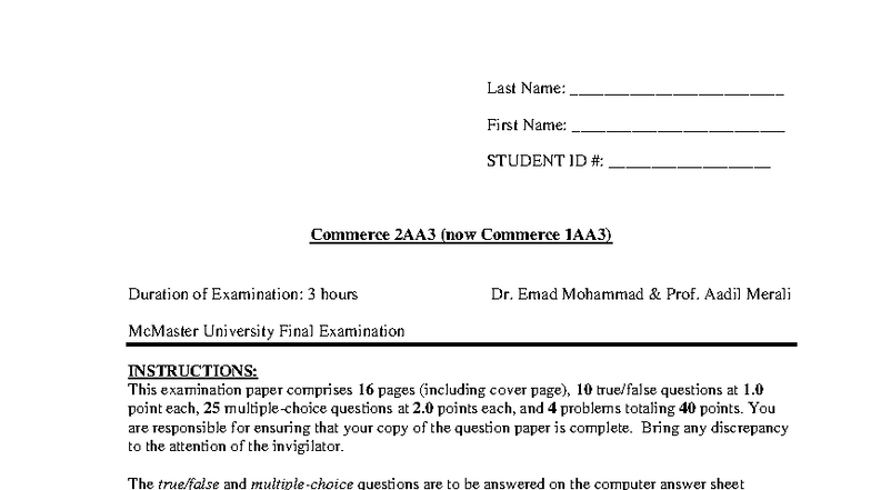 Commerce 2AA3 Final Exam Instructions and Questions (2013) - Studocu