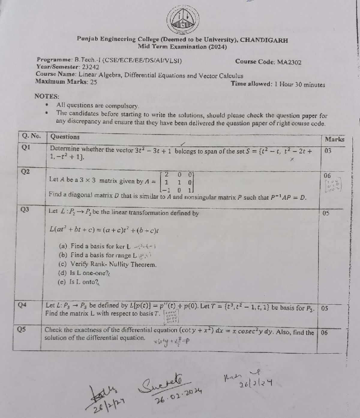 MA2302 Mid Term Exam Notes: Linear Algebra & Differential Equations ...