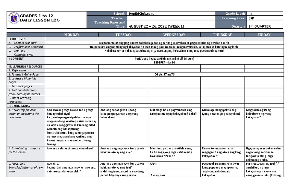 DLL ESP 3 Q1 W1 - new lesson - GRADES 1 to 12 DAILY LESSON LOG School ...