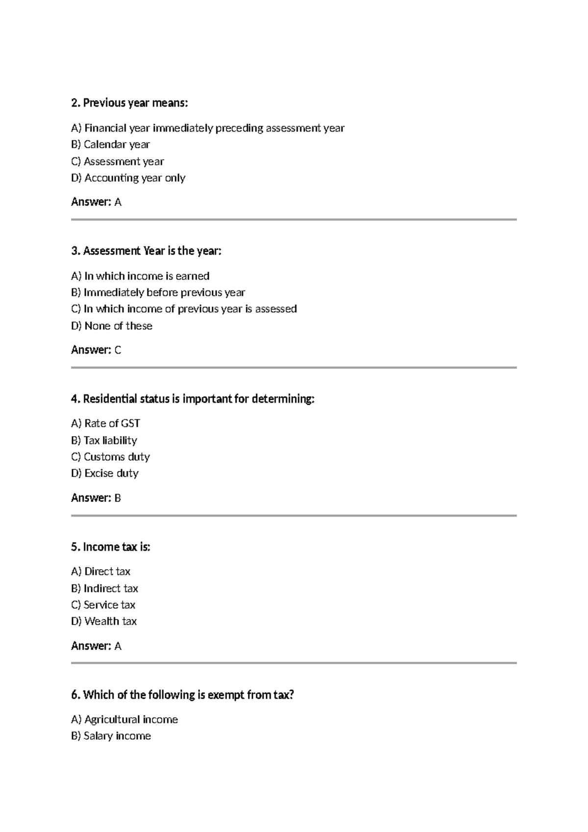 IT qp - Income Tax Practice Questions and Answers - Studocu