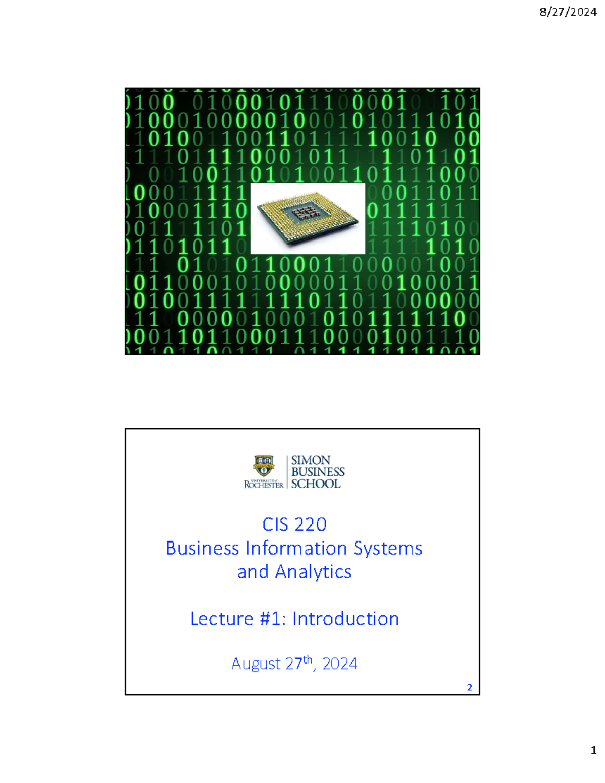 CIS 220 - Business Information Systems: Intro Lecture Notes - Studocu