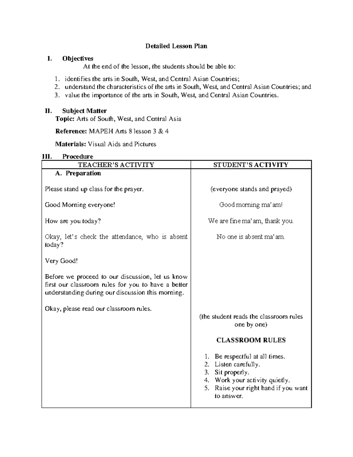 Grade 8 Detailed Lesson Plan: Arts of South, West, & Central Asia - Studocu