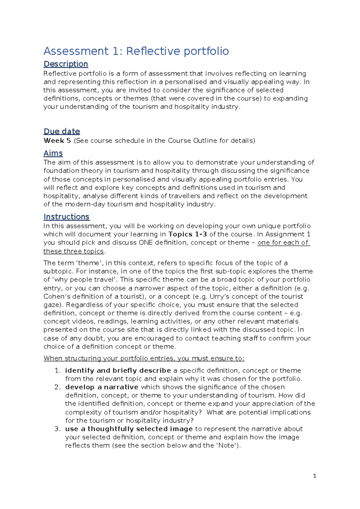 TOUR 1001 Assessment 1: Reflective Portfolio on Tourism Concepts - Studocu