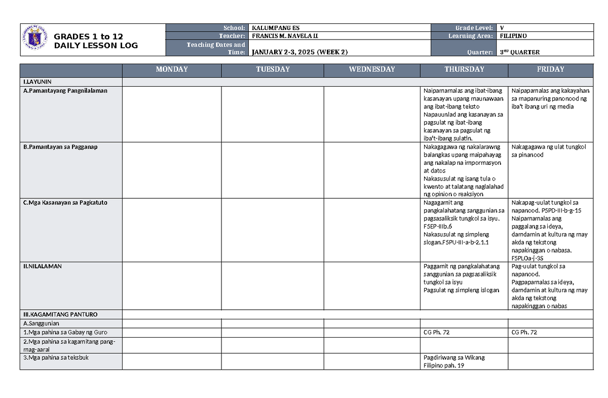 DLL Filipino 5 Q3 Week 2 Lesson Plan and Activities Overview - Studocu