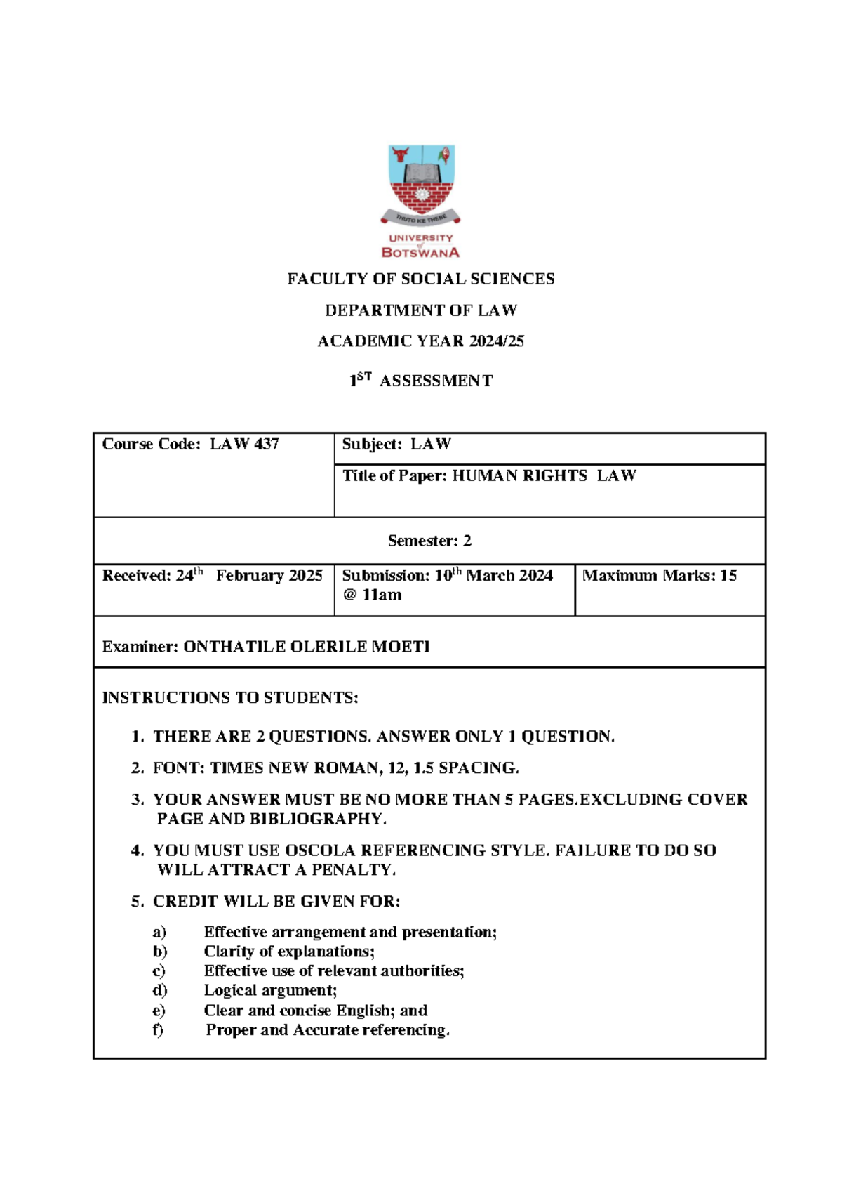 LAW 437 1st Assessment: Human Rights Law Guidelines 2024 - Studocu