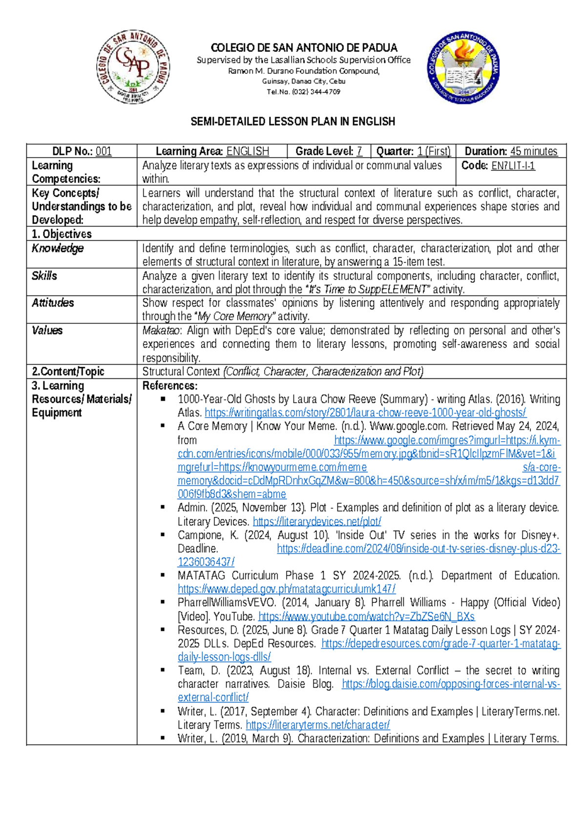 DLP 001: Lesson Plan on Structural Context in Literature for Grade 7 ...