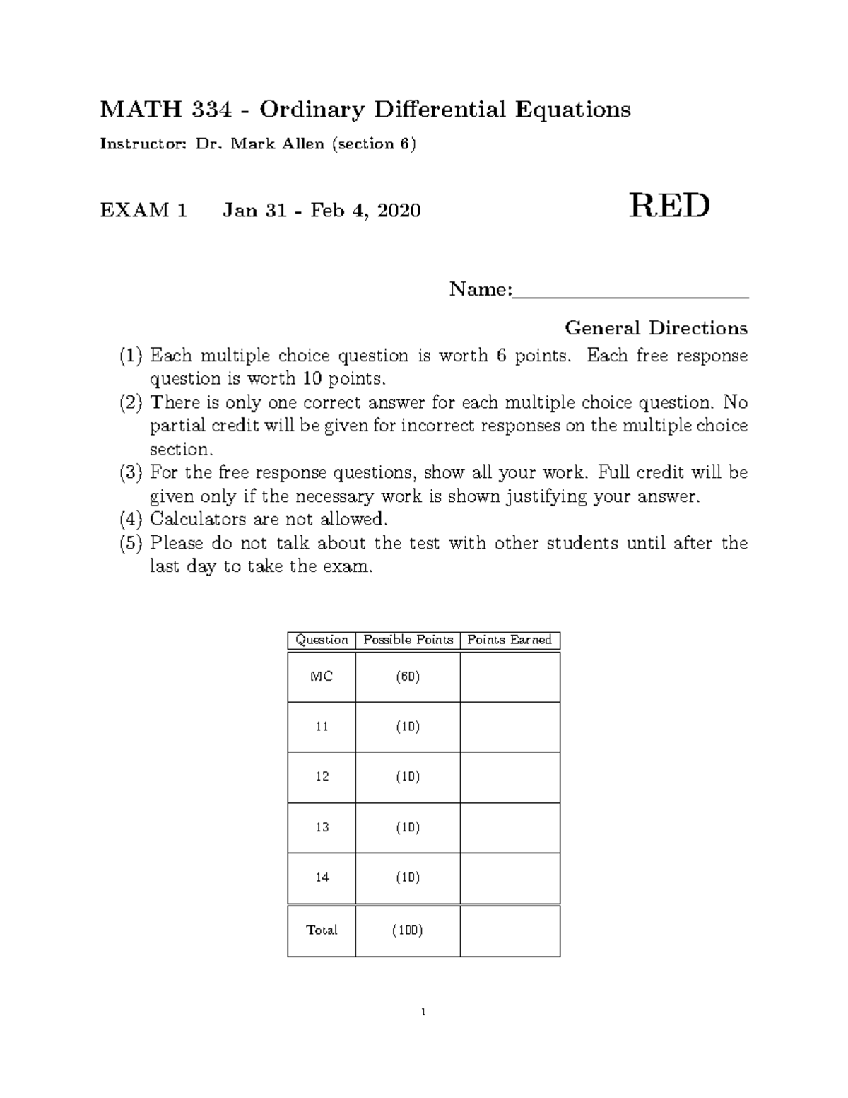 MATH 334 - Winter 2022 Exam 1: Ordinary Differential Equations - Studocu