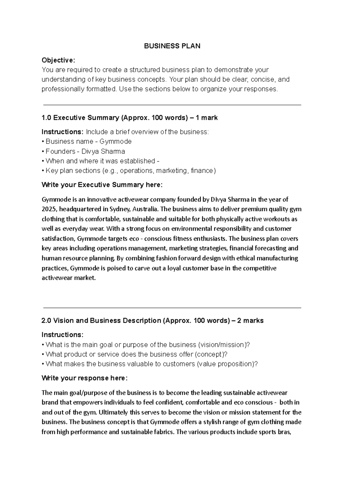 BUS 101: Structured Business Plan for Gymmode Activewear - Studocu