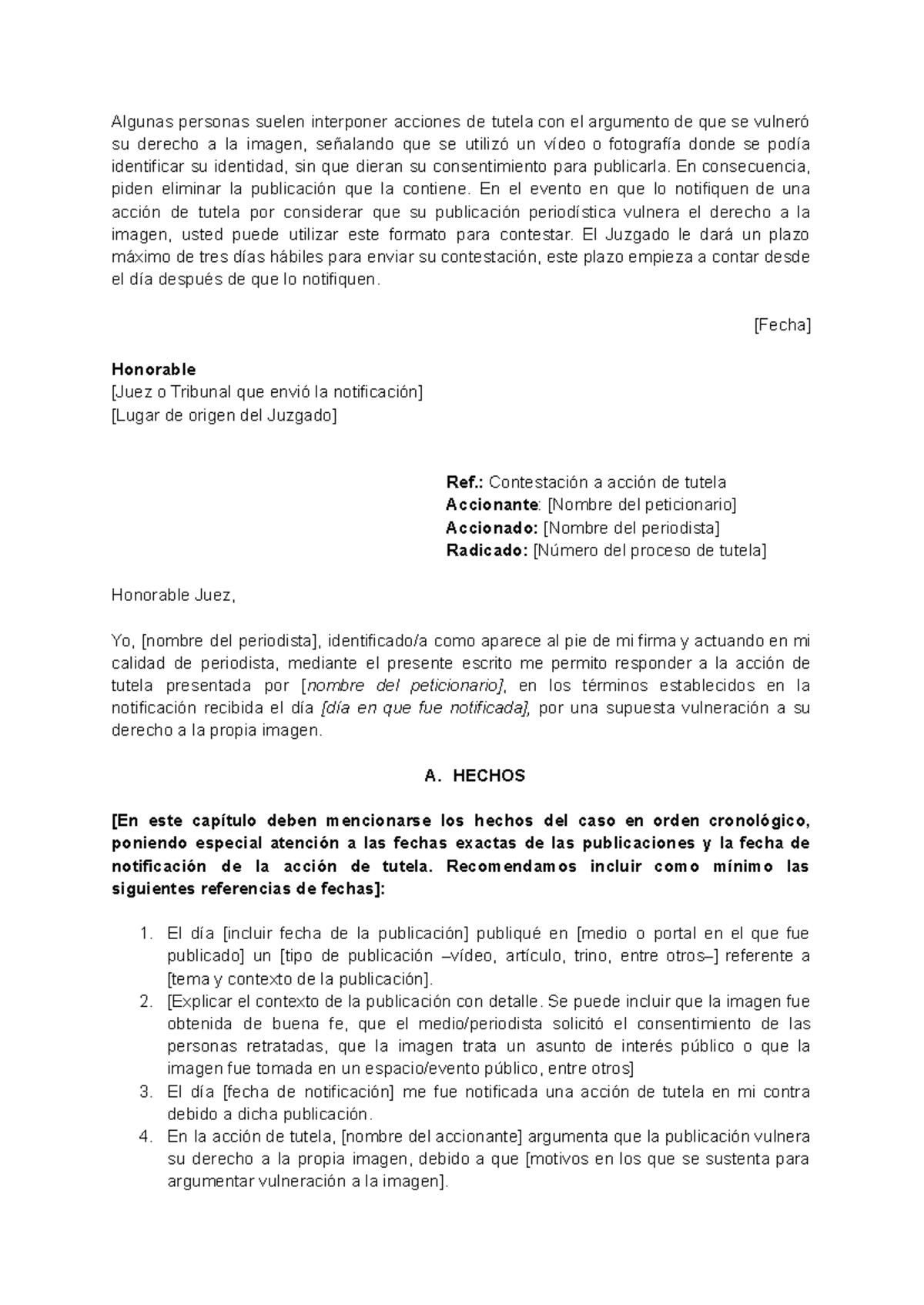Formato para Contestación de Tutela sobre Derecho a la Imagen - Studocu