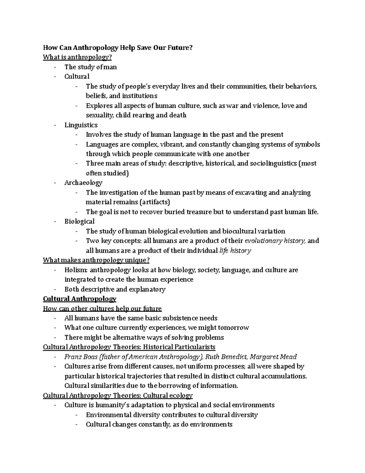 Cultural Anthropology: Theories and Future Impacts for ANTH 101 - Studocu