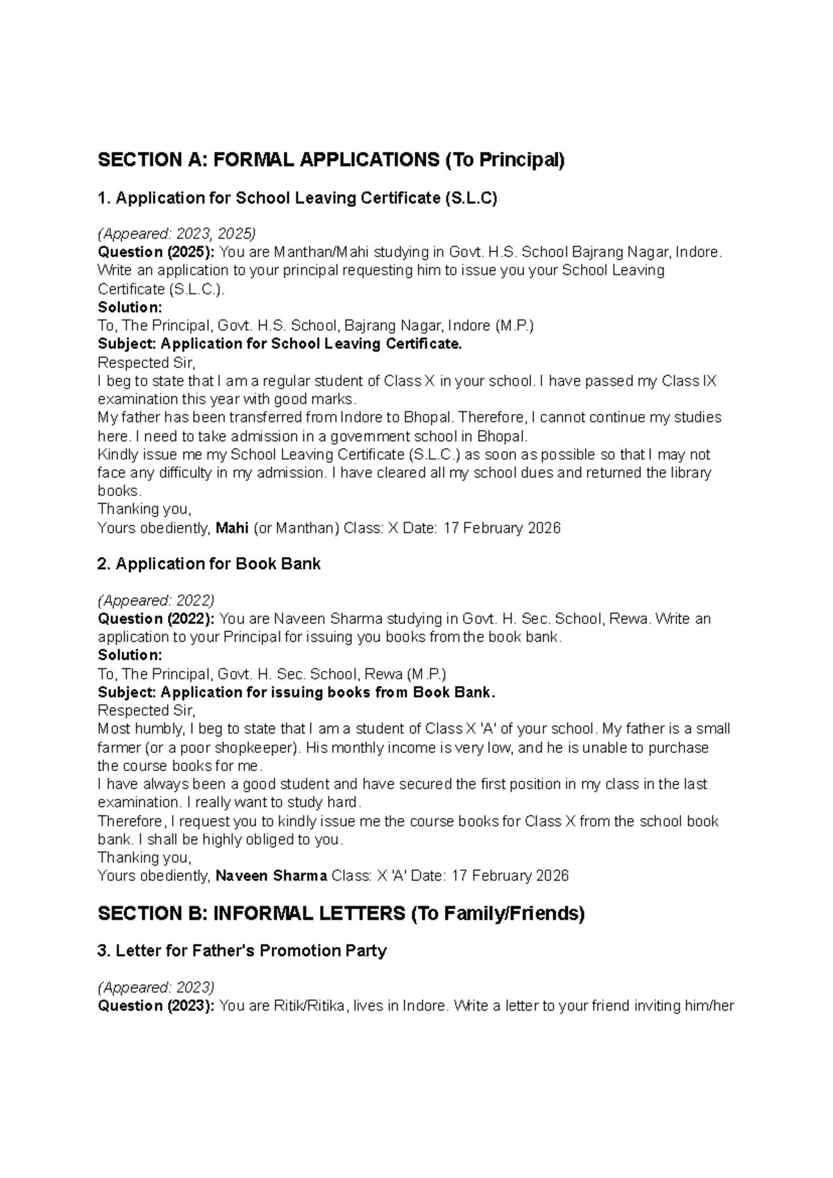 Formal Applications and Informal Letters for Class X (2023) - Studocu