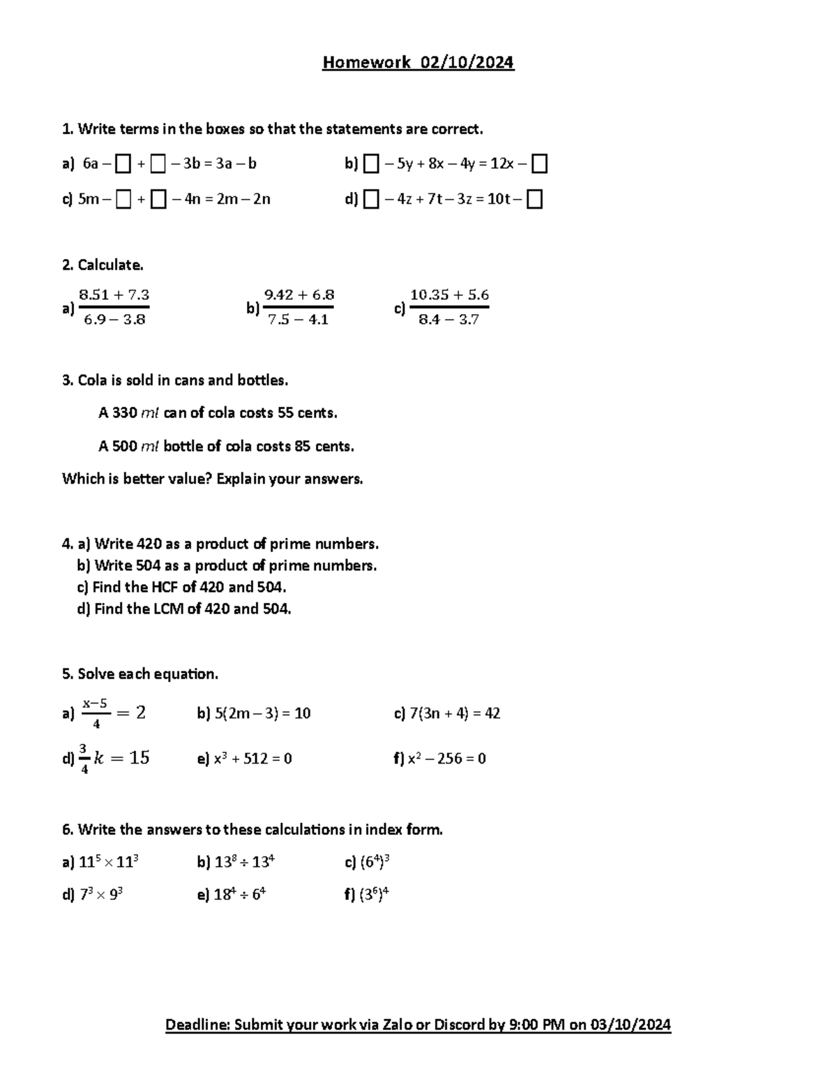 Math Homework 02/10/2024 - Problem Solving and Calculations - Studocu