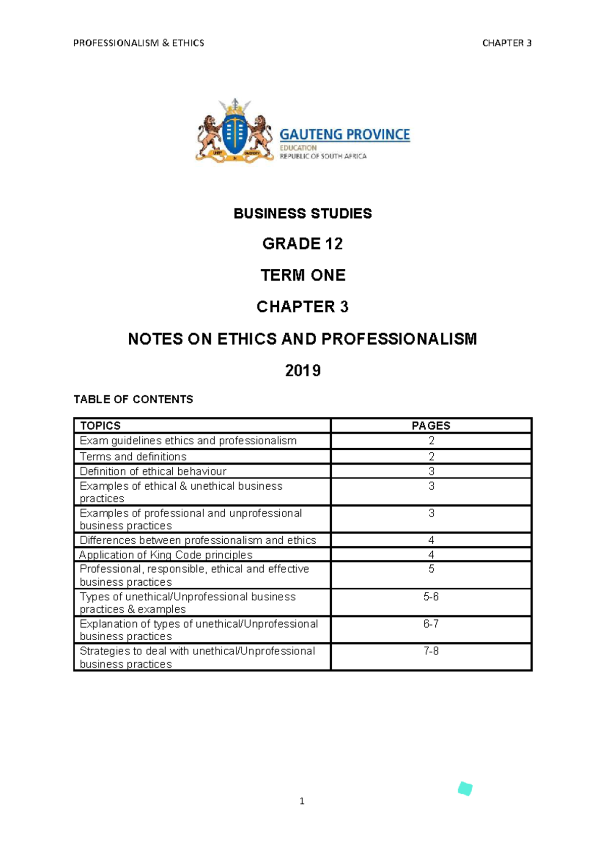 Business Studies Grade 12: Chapter 3 Notes on Ethics & Professionalism ...