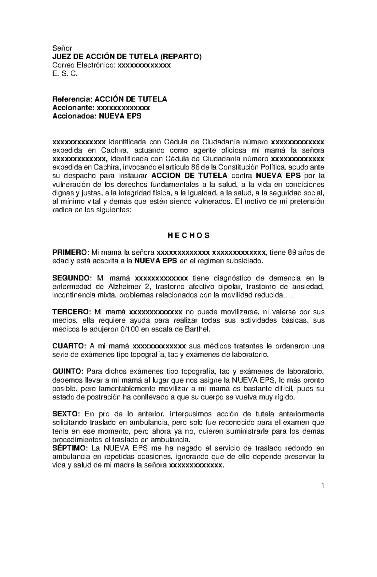 Acción de Tutela contra NUEVA EPS por Vulneración de Derechos - Studocu
