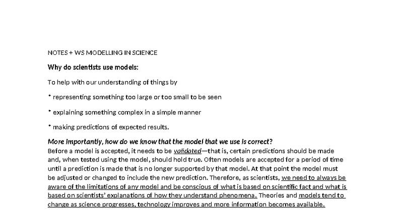 NOTES WS MODELLING IN SCIENCE: Understanding Models & Their Use - Studocu