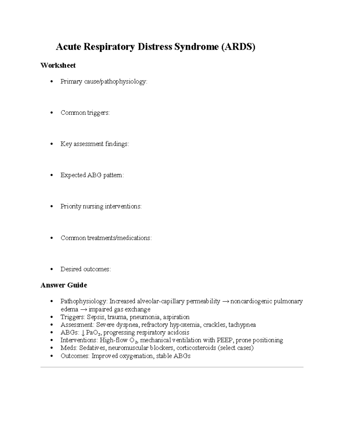 Acute Respiratory Distress Syndrome (ARDS) Nursing Worksheet Guide ...