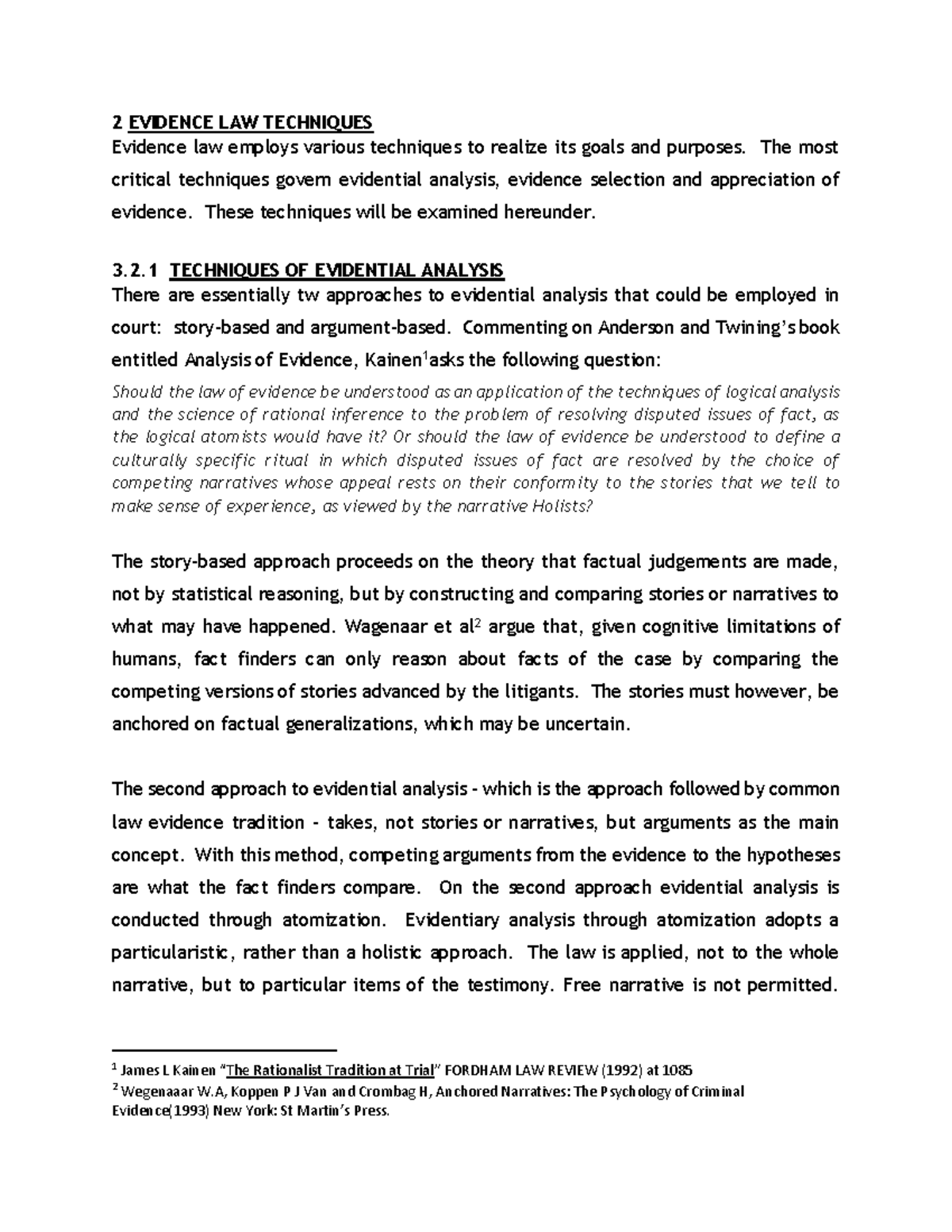 2 Evidence Law: Techniques of Evidential Analysis and Application - Studocu