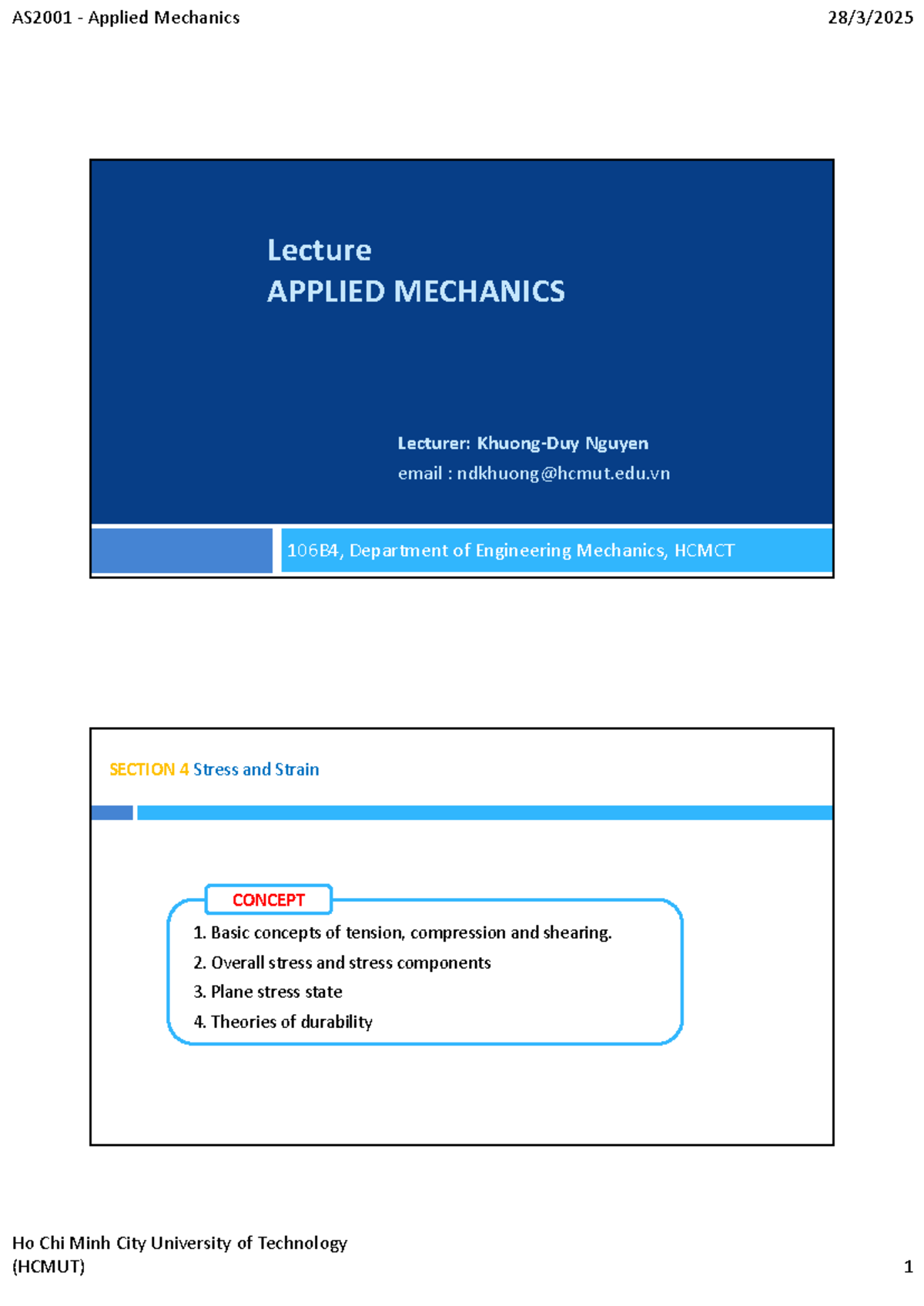AS2001 Applied Mechanics Lecture: Stress and Strain Concepts - Studocu