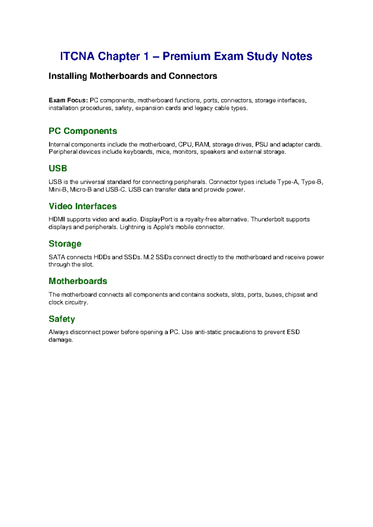 ITCNA Chapter 1 Premium Exam Study Notes: Motherboards & Connectors ...
