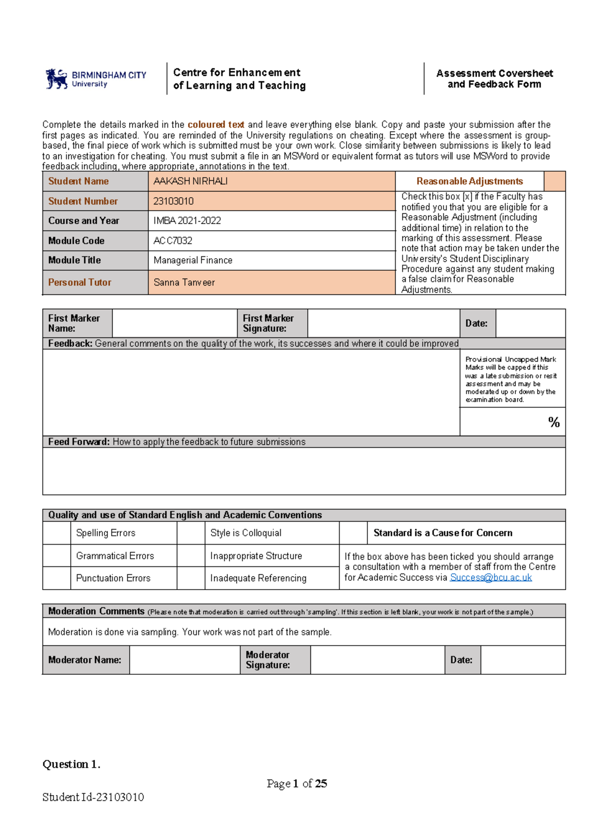 IMBA 2021 - ACC Managerial Finance Assessment Coversheet & Feedback ...