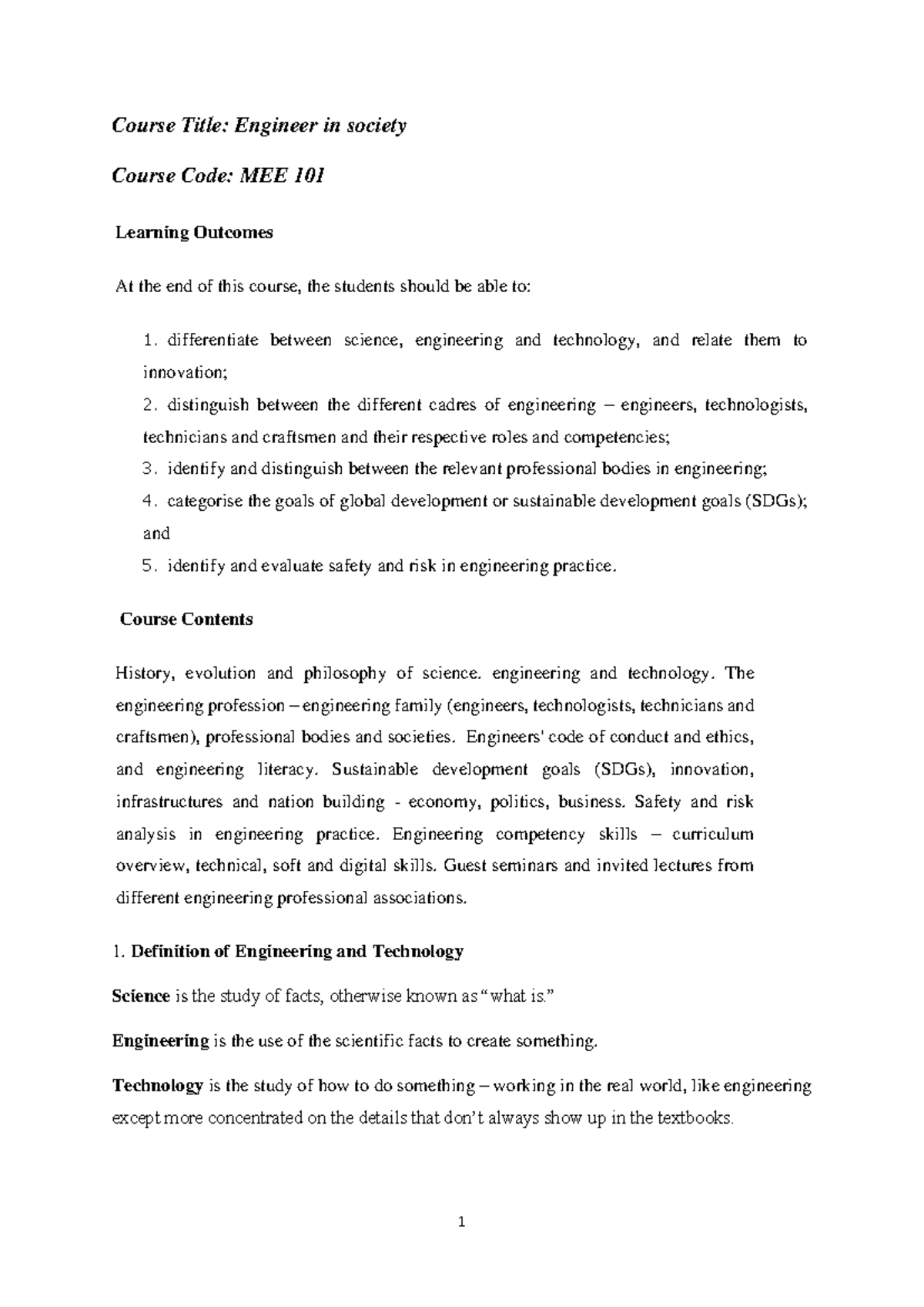 Mee 101 - Chemical engineering tutorial class - Course Title: Engineer ...