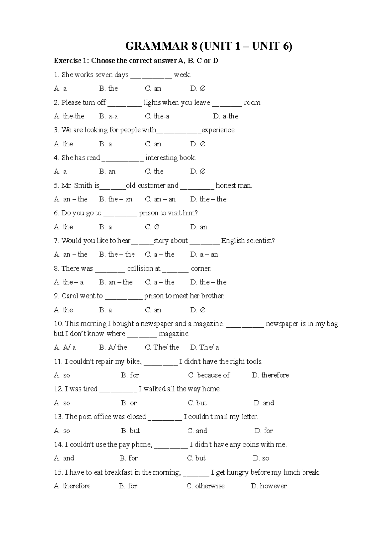 Grammar 8 (Unit 1 - Unit 6) Exercises and Answers - Studocu