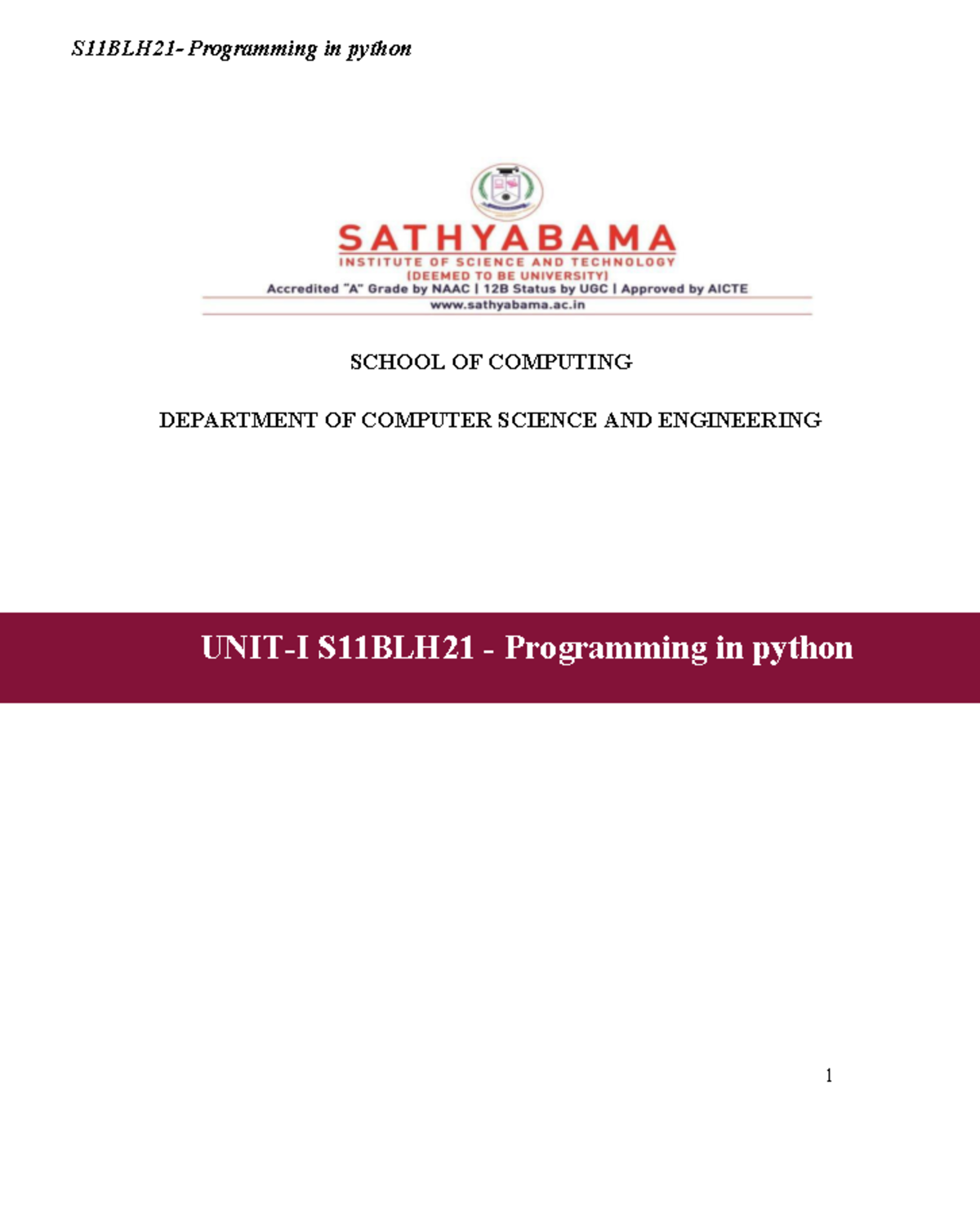 S11BLH21 Unit-I Python Programming Notes: Concepts & Examples - Studocu