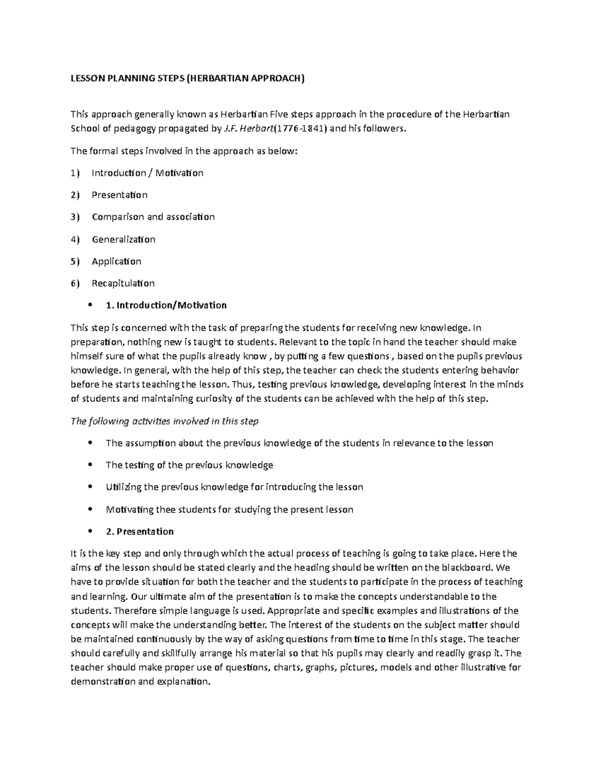 Herbart Lesson Planning Steps: Effective Teaching Framework Guide - Studocu