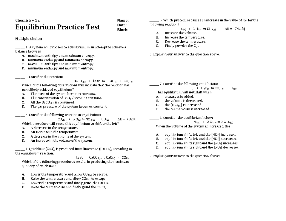 Chemistry 12 Equilibrium Practice Test: Multiple Choice & Problems ...