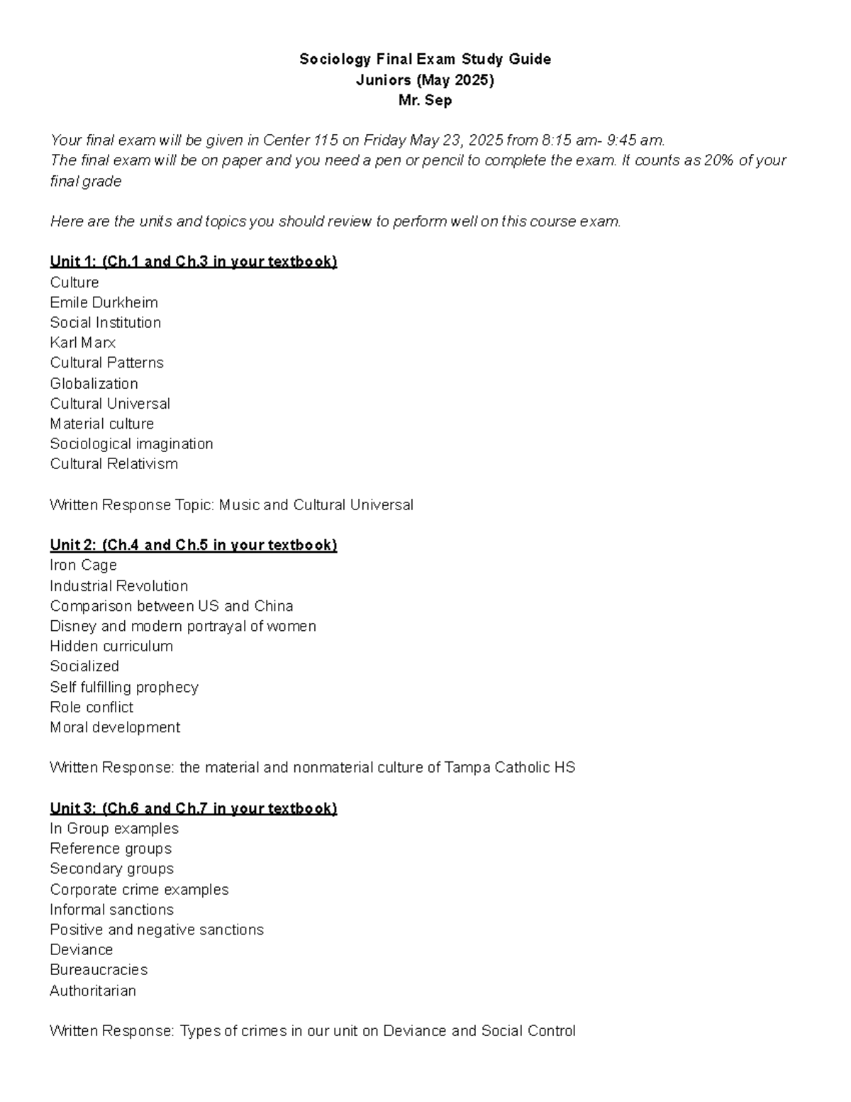 Sociology 101 Final Exam Study Guide for Juniors - May 2025 - Studocu