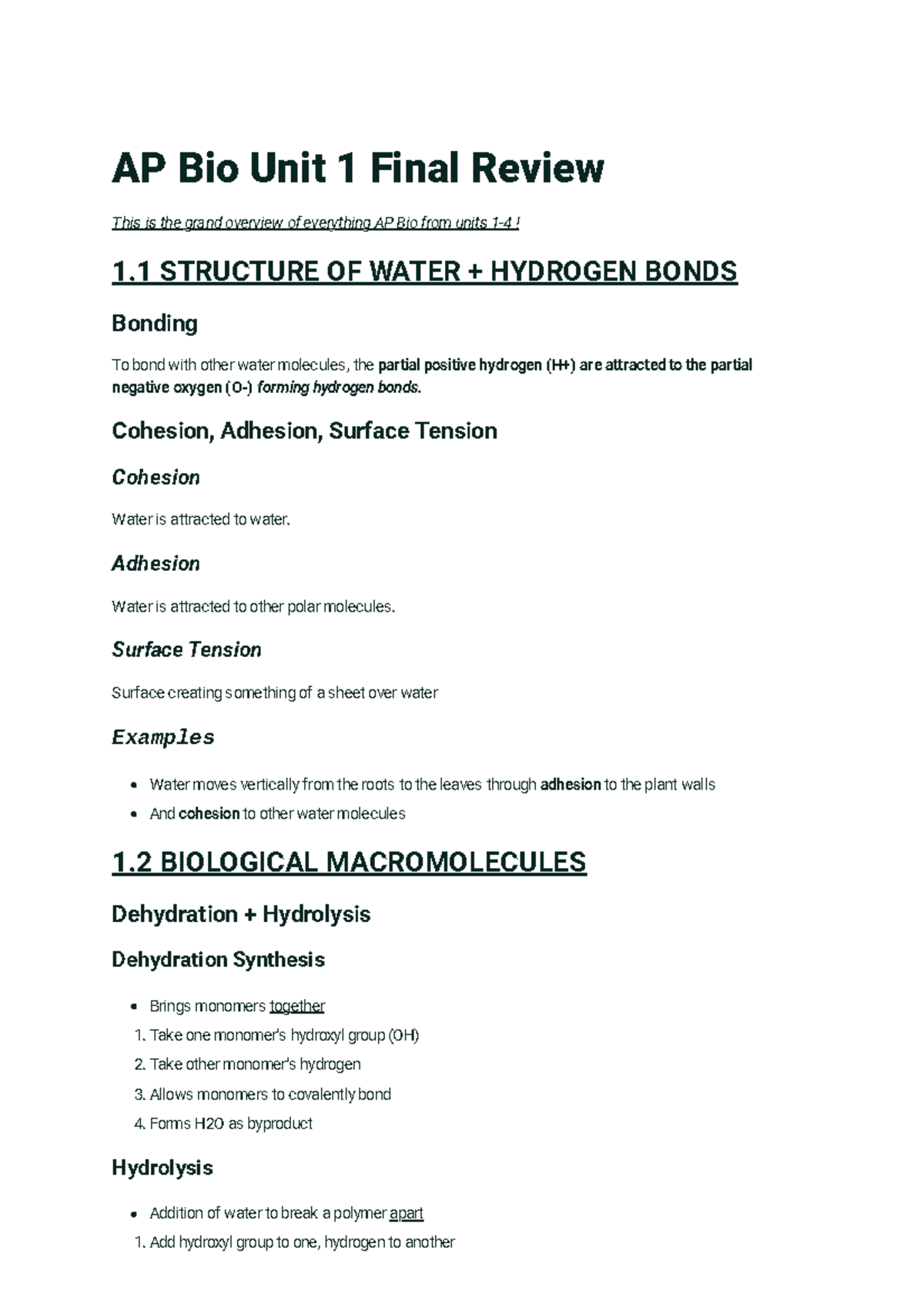 AP Bio Unit 1 Final Exam Comprehensive Review Guide - Studocu