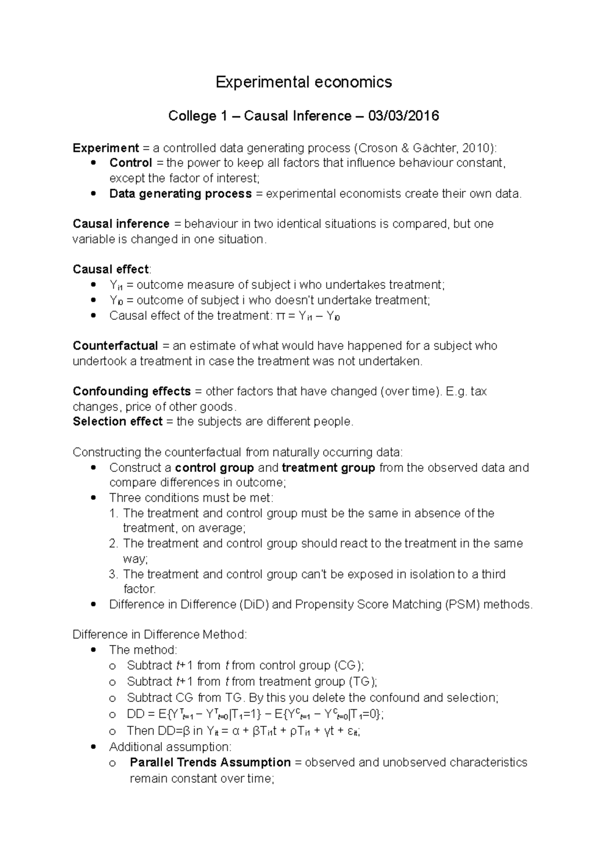 Lecture Notes: Causal Inference and Experimental Economics (Lectures 1 ...