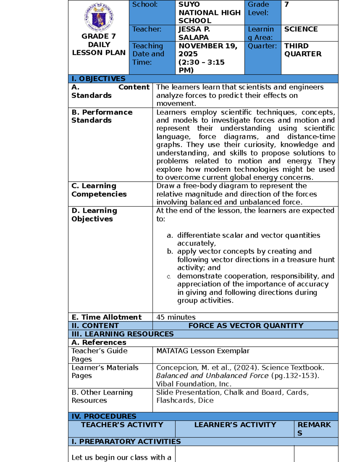 Grade 7 Science Lesson Plan: Forces & Motion (DLP2) - Studocu