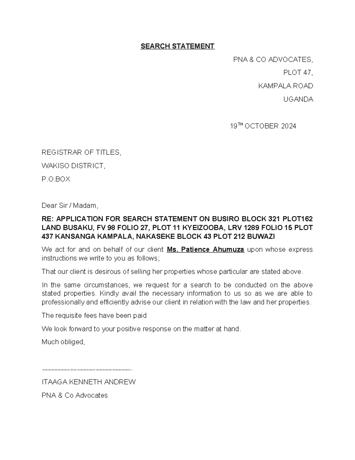 Task 3 docs - Documents required under land law - SEARCH STATEMENT PNA ...