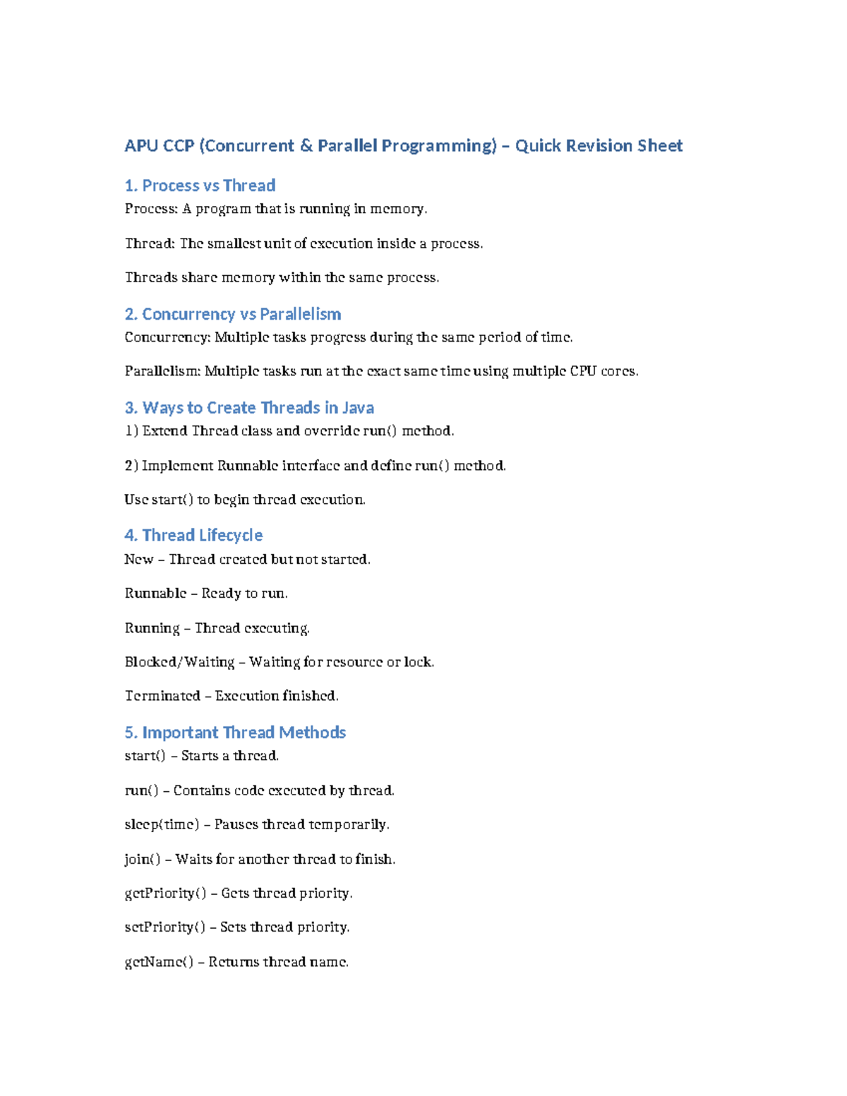 APU CCP Quick Revision Sheet: Processes, Threads & Concurrency - Studocu